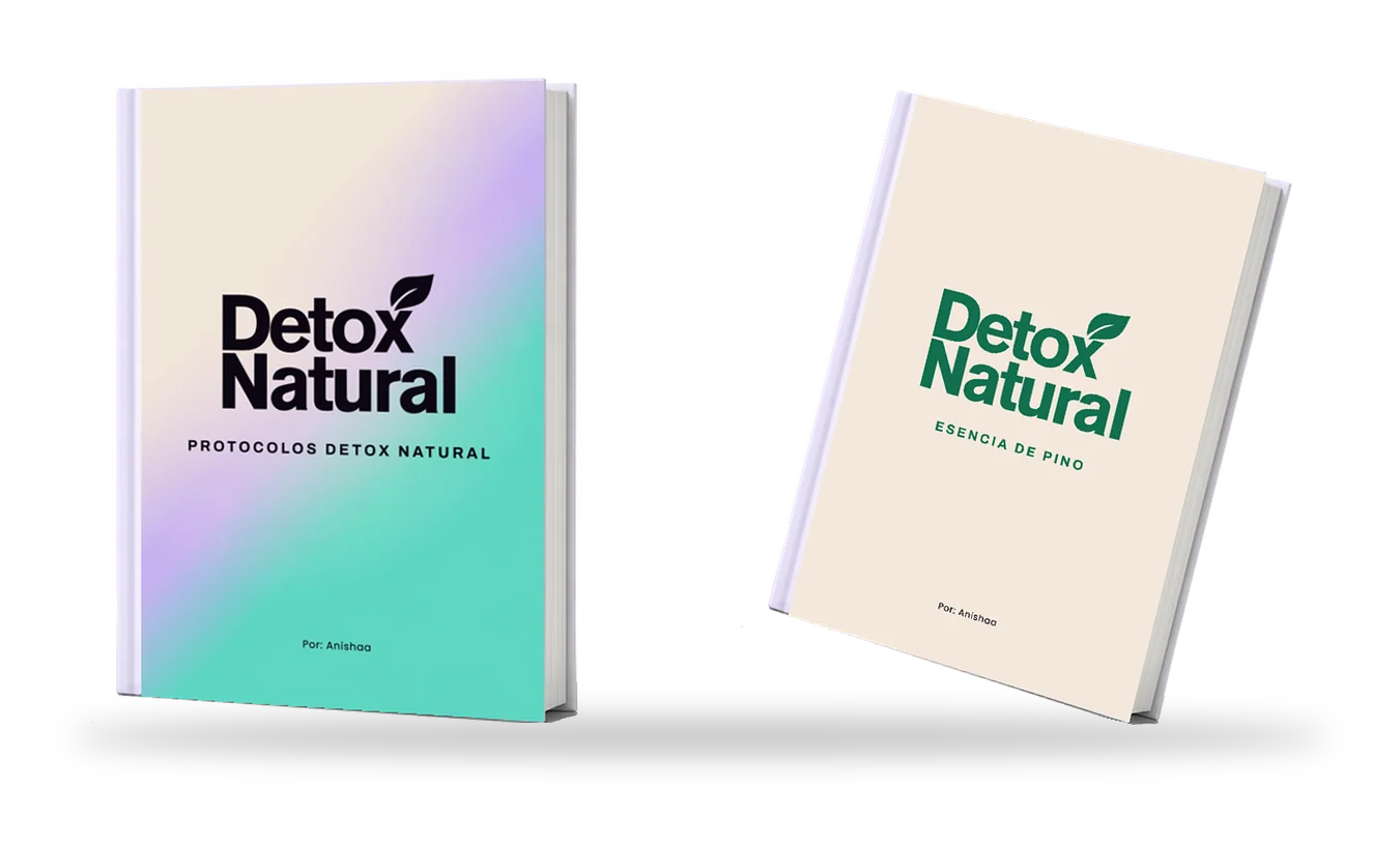 Los dos e-books, Detox Natural delante y Esencia de Pino detrás, montados como libros