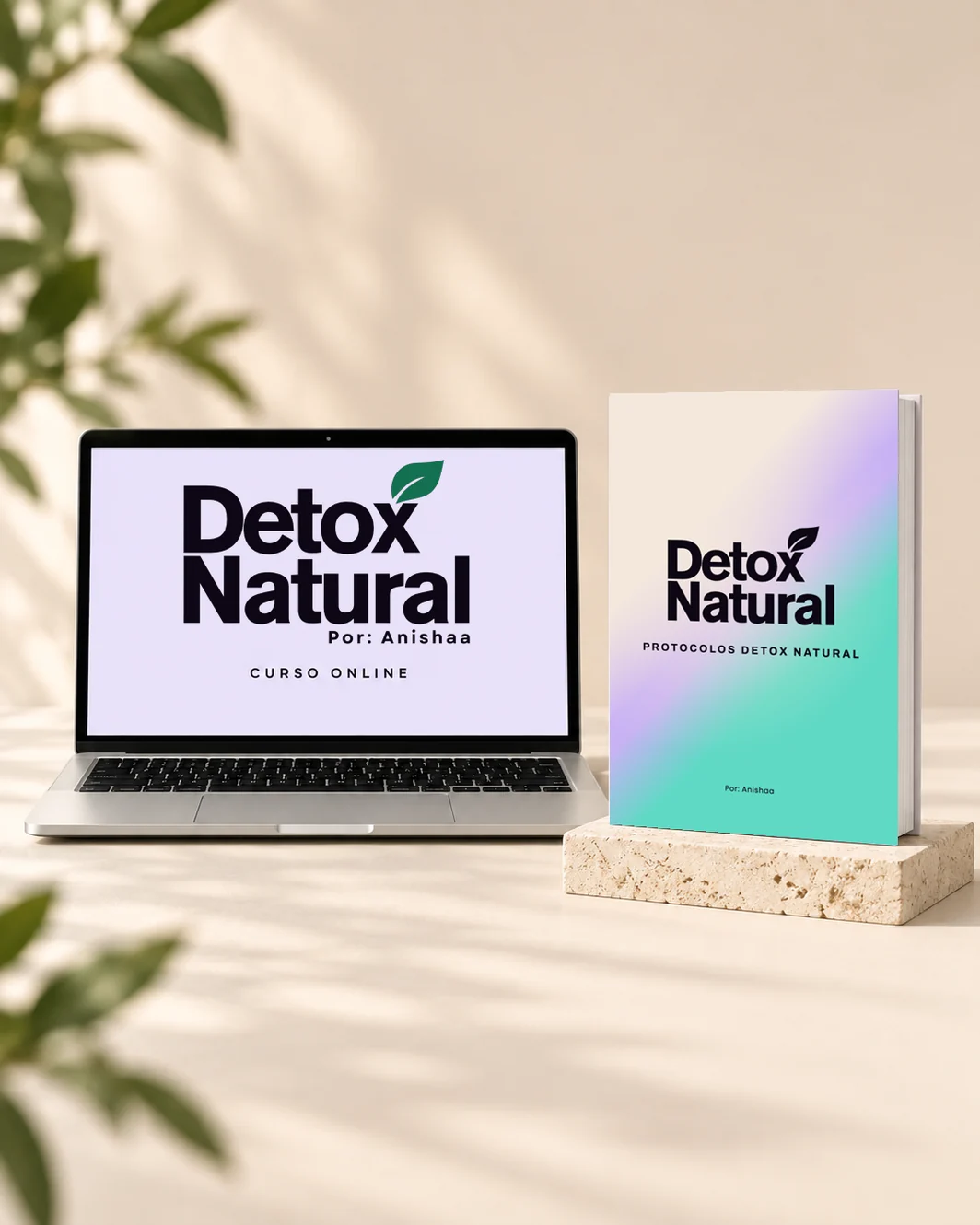 El curso y su e-book sobre una superficie crema, con follaje y piedra