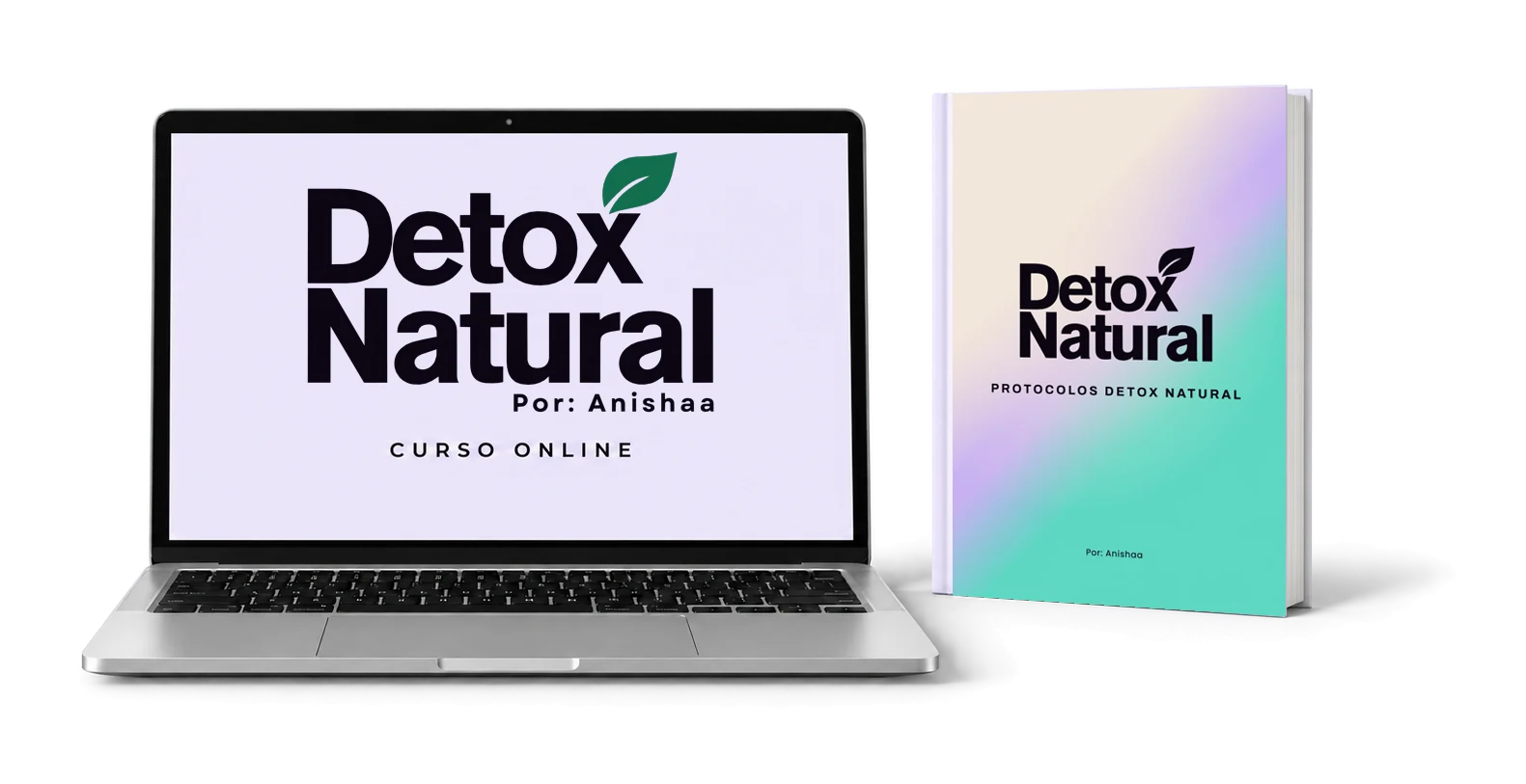 El curso en una laptop y, al lado, el e-book de Protocolos Detox Natural